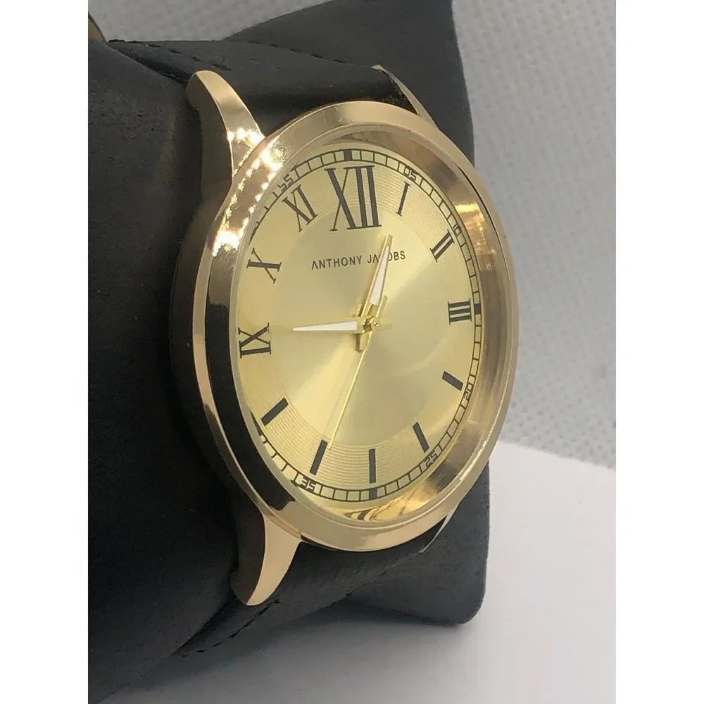 Anthony Jacobs Unisex Black Leather Analog Gold Dial Quartz Genuine Watch OP9